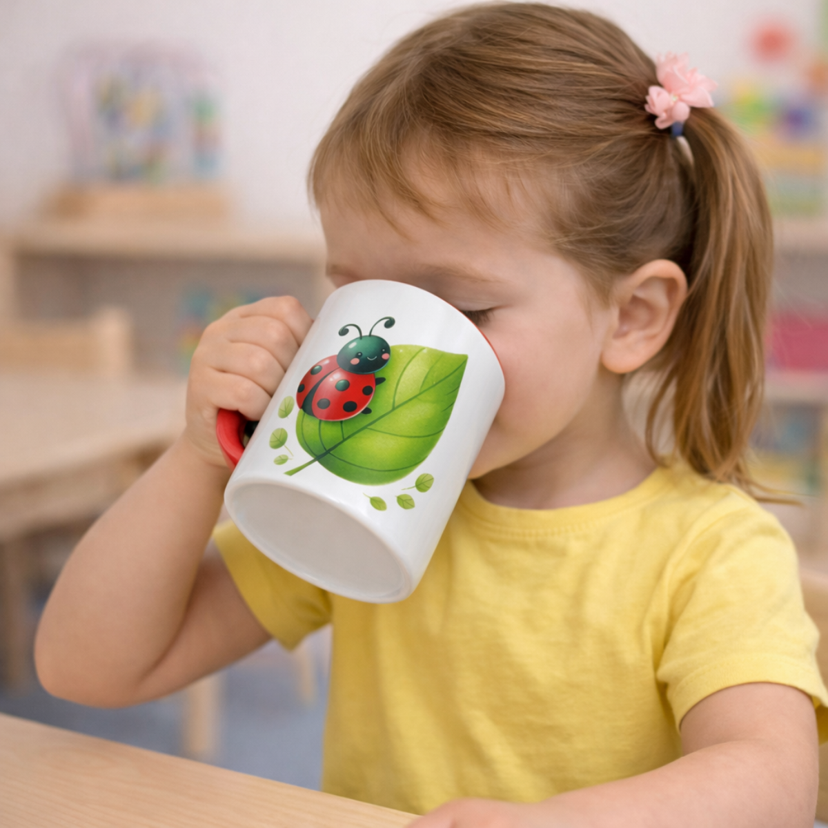 Dítě pije z hrníčku v mateřské škole během pitného režimu